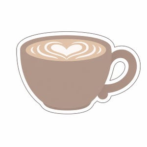 May include: A light brown coffee cup with a white handle and a white border outline. The surface of the coffee features a white latte art design in the shape of a heart centered within the liquid, set against a solid white background.