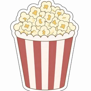 May include: A die-cut sticker featuring a classic popcorn bucket with vertical red and white stripes. The bucket is overflowing with fluffy, pale yellow popcorn kernels, each detailed with a darker yellow center, outlined in a clean white border.