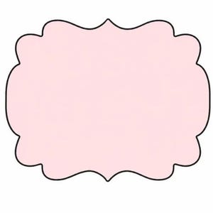May include: A light pink, rectangular label shape with rounded, scalloped edges and a thin black outline. The design features a smooth, solid pastel pink center enclosed by a dark border, creating a simple, symmetrical frame for text or graphics.