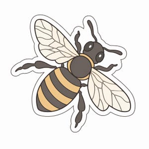 Könnte beinhalten: Cartoon-Illustration einer Biene mit weißem Umriss. Die Biene hat einen schwarzen Kopf und Brustkorb, einen gelb-schwarz gestreiften Hinterleib und cremefarbene Flügel. Die Biene ist mit ausgestreckten Beinen und Fühlern dargestellt.