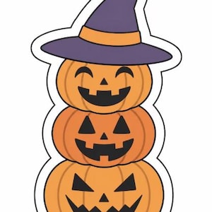 May include: A sticker featuring a vertical stack of three orange jack-o'-lanterns with black carved faces. The top pumpkin wears a purple pointed hat with an orange band. The design has a thick white border outlining the entire pumpkin stack.