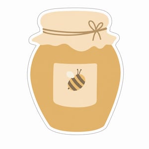 May include: A cartoon illustration of a honey jar. The jar is filled with golden honey and has a beige lid tied with a brown string bow. A label on the jar features a cartoon bee with black and yellow stripes.