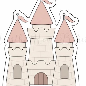 May include: A cookie cutter in the shape of a castle. The castle has three towers, each with a pink conical roof and a small pink flag. The walls are a light beige color, with a door and windows.