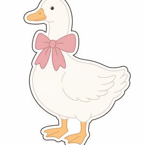 May include: A white cartoon goose with a light pink bow tie. The goose has orange feet and a beak. The outline of the goose is black, and the background is white.