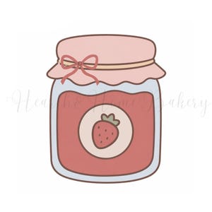 May include: A digital illustration of a jar of strawberry jam. The jar is filled with red jam and has a pink lid tied with a bow. A strawberry is on the front of the jar. The text "Heath & Home Bakery" is in the background.