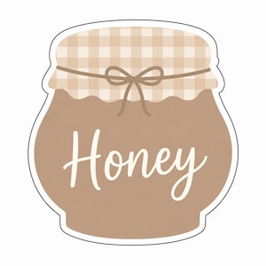 Puede incluir: Ilustración de un tarro de miel marrón con tapa de cuadros y la palabra "Honey" en cursiva. El tarro está atado con un lazo de cuerda. El diseño está sobre un fondo blanco.