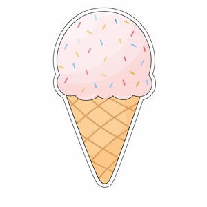 May include: A cartoon illustration of an ice cream cone. The ice cream is pink with colorful sprinkles, and the cone is light brown with a waffle pattern. The image is set against a white background.