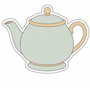 May include: A light sage green teapot with a rounded body, a curved handle, and a spout. The lid features a small knob, and the base, lid rim, handle, and spout tip are accented in a soft beige color. The entire teapot has a white outline.