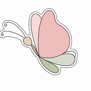 May include: A simple butterfly illustration in pastel colours. The butterfly has a pink wing, a light green wing, and a beige body, all outlined in black. The antennae have curled tips.