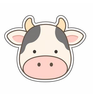 Può includere: Una faccia di mucca dei cartoni animati su sfondo bianco. La mucca ha una faccia beige chiaro con macchie grigie, orecchie e naso rosa e occhi neri. Il contorno è marrone scuro.