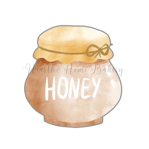 Puede incluir: Ilustración en acuarela de un tarro de miel con un cuerpo marrón claro y una tapa amarilla atada con un lazo. La palabra "HONEY" está escrita en blanco en el tarro. El texto "Hearth & Home Bakery" también es visible.