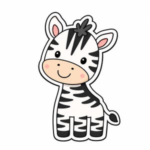 Op de afbeelding: Een sticker of grafische illustratie van een cartoonzebra met een wit lichaam, zwarte strepen en een lichtbruine snuit. De zebra heeft grote zwarte ogen, een kleine glimlach, roze wangen en een plukje zwart haar op het hoofd, wit omlijnd.