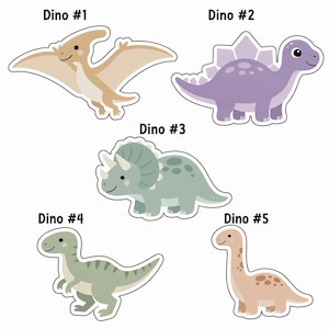 May include: A collection of five dinosaur stickers. The stickers include a tan Pterodactyl, a purple Stegosaurus, a green Triceratops, a green Tyrannosaurus Rex, and a tan Brachiosaurus. Each sticker has a white border and the text "Dino #" followed by a number.