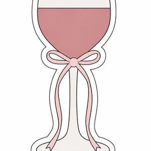 May include: A wine glass illustration with a pink bow. The glass is filled with a pink liquid, and the stem is adorned with a delicate pink bow. The design is outlined in black on a white background.