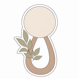 Può includere: Un tagliabiscotti a forma di sonaglio stilizzato. La parte superiore è un cerchio, collegato a una forma a goccia sottostante. Un rametto di foglie è sul lato sinistro. I colori sono beige, marrone e verde oliva.