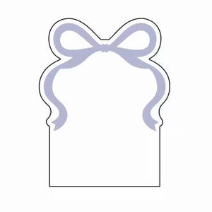 May include: A white rectangular tag with a light purple bow graphic at the top. The tag features a smooth, die-cut outline that follows the shape of the bow and the rectangular base, providing a clean and simple design for labelling or gift tags.