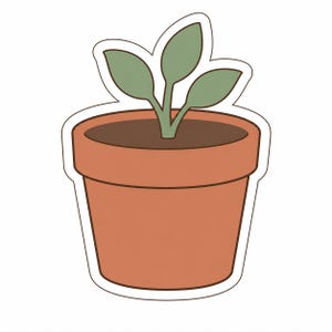 May include: A sticker of a terracotta-coloured flower pot with a plant growing inside. The plant has three green leaves and brown soil. The pot is outlined in a white border.