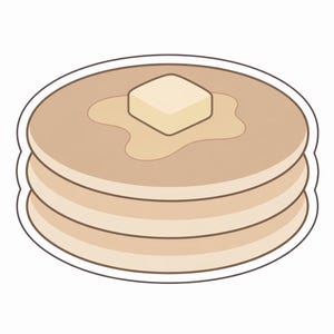 May include: A stack of three pancakes with a pat of butter and syrup on top. The pancakes are light brown with a darker brown outline. The butter is a square shape, and the syrup is a light brown color.