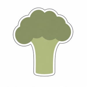 May include: A green broccoli-shaped sticker with a white border. The broccoli head is a darker shade of green than the stem. The sticker is on a white background.