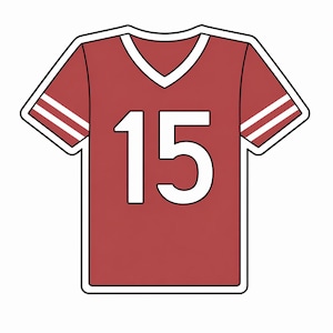 May include: A red jersey with a white V-neck collar and white stripes on the sleeves. The number 15 is prominently displayed in white on the front of the jersey. The jersey is outlined in black.