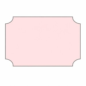May include: A rectangular, pale pink label with rounded corners and a black border. The label is blank, offering space for custom text or designs. The simple design is suitable for various applications, such as product tags or gift labels.