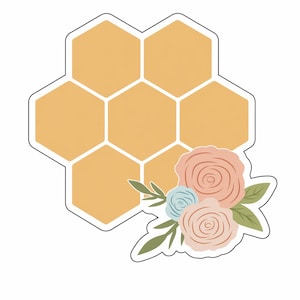 May include: Honeycomb-shaped design with a cluster of flowers. The honeycomb is a light orange color with white outlines. The flowers are pink and blue with green leaves. The design is on a white background.