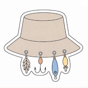 May include: A beige bucket hat sticker featuring four dangling fishing lures attached to the brim. The lures include a leaf-shaped charm, a double-pronged hook, a blue teardrop-shaped lure, and a small yellow oval charm with a decorative base.