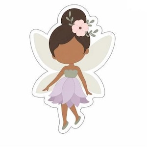 May include: A cartoon illustration of a fairy with brown hair styled in a bun, adorned with a pink flower and green leaves. The fairy wears a green top and a layered lavender skirt. The fairy has light beige wings and is outlined in white.