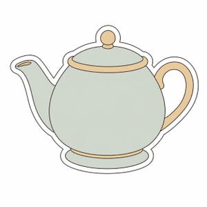 May include: A light green teapot with a rounded body, a curved spout, and a loop handle. The lid is topped with a small knob. The teapot has a beige trim and is outlined in black.