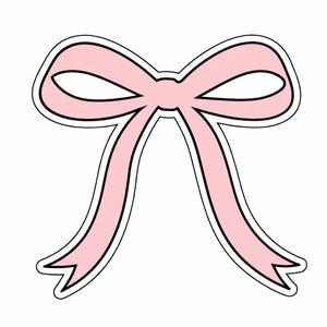 May include: A pink bow illustration with a black outline and a white border. The bow has two loops and two long, pointed tails. The design is simple and clean, suitable for stickers, cards, or other crafts.
