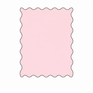 Op de afbeelding: Een rechthoekige, lichtroze vorm met een golvende, zwarte rand. De vorm is gecentreerd op een witte achtergrond, wat een eenvoudig, strak ontwerp creëert. De randen van de roze vorm hebben een geschulpte rand.