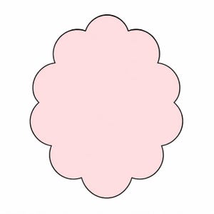 May include: A light pink, scalloped-edge shape with a black outline, set against a white background. The shape is reminiscent of a cloud or a decorative frame, perfect for crafting or design projects.