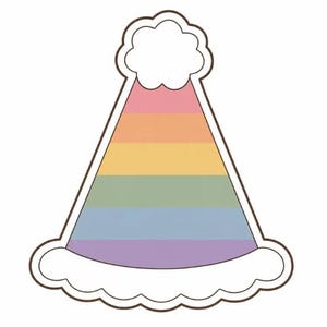 Może przedstawiać: Ilustracja czapki urodzinowej w tęczowych kolorach. Czapka podzielona jest na poziome paski w kolorach różowym, pomarańczowym, żółtym, zielonym, niebieskim i fioletowym. Wierzchołek czapki jest biały i w kształcie chmury, z brązowym obrysem.