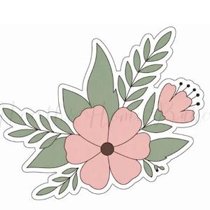 May include: A floral sticker or graphic design featuring a central five-petaled light pink flower with a dark brown center, surrounded by sage green leaves and fern-like sprigs, with an additional smaller pink flower bud on the right side.