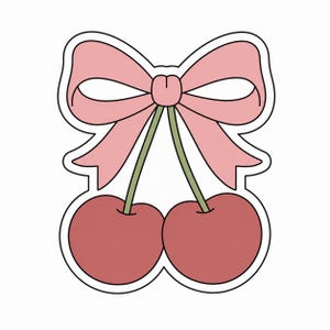 Puede incluir: Ilustración de dibujos animados de dos cerezas rojas con un lazo rosa claro. Los tallos son verdes y el diseño está delineado con una línea blanca. Ideal para pegatinas o patrones.