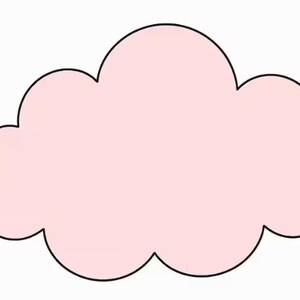 Könnte beinhalten: Eine einfache, flache grafische Darstellung einer Wolkenform. Die Wolke ist mit einer soliden, hellen Pastellrosa-Farbe gefüllt und mit einem deutlichen, dünnen schwarzen Rand umrandet, was eine klare und minimalistische Darstellung ergibt.