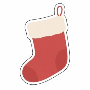 May include: A red Christmas stocking with a cream-coloured cuff and a small red hanging loop at the top. The stocking features a simple, flat design with a white outline, creating a sticker-like appearance against a plain white background.