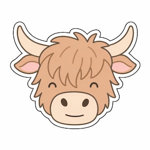 May include: A cartoon illustration of a Highland cow's head. The cow has light brown fur, a light brown nose, and curved horns. The cow is smiling with closed eyes and has a white outline.