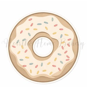 Könnte beinhalten: Aquarell-Illustration eines Donuts mit Vanilleglasur und bunten Streuseln. Der Donut hat eine hellbraune Basis mit weißer Glasur und rosa, gelben und blauen Streuseln. Der Text "Hearth & Home Bakery" befindet sich im Bild.
