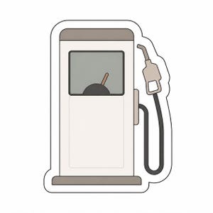 May include: A sticker depicting a petrol pump in a minimalist style. The pump is mainly white with grey accents, including the nozzle and the top. It features a gauge and a black hose. The sticker has a white border.