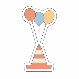 May include: A sticker featuring three balloons in orange, blue, and yellow atop a traffic cone design. The cone is orange with horizontal stripes in white and peach. The sticker has a white border.