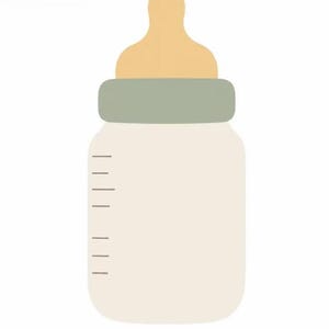 May include: A baby bottle with a beige body, a light green collar, and a yellow nipple. The bottle has measurement markings on the side. The design is simple and minimalist, suitable for baby products.
