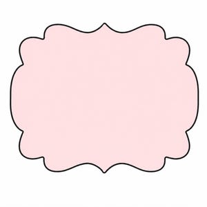Puede incluir: Una forma rosa claro, decorativa, con bordes festoneados y contorno negro. La forma es un rectángulo redondeado con un diseño simétrico, ideal para proyectos de manualidades o diseño.