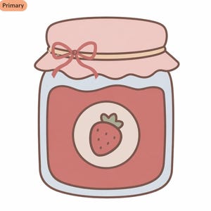 Puede incluir: Ilustración de dibujos animados de un tarro de mermelada de fresa. El tarro es cuadrado con un borde azul claro y una tapa rosa atada con un lazo rosa. Una etiqueta circular en el tarro presenta una fresa.