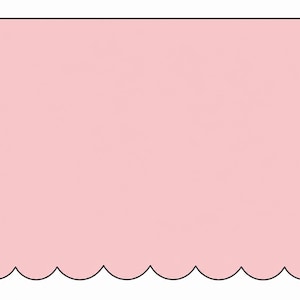 Puede incluir: Un letrero rectangular con un relleno rosa claro sólido y un borde negro fino. Las dos esquinas superiores están redondeadas, mientras que el borde inferior presenta un patrón festoneado de seis curvas semicirculares uniformes.