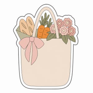 Puede incluir: Ilustración de una bolsa tote beige llena de comestibles. La bolsa contiene una baguette, zanahorias naranjas y flores rosas. Un lazo rosa adorna la parte delantera de la bolsa. La ilustración tiene un contorno blanco.