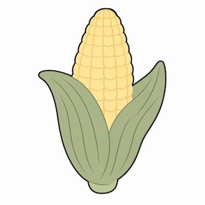Puede incluir: Ilustración de dibujos animados de una mazorca de maíz. El maíz es de color amarillo claro, con hileras de granos. La cáscara es verde, con un contorno oscuro. La imagen está sobre un fondo blanco.