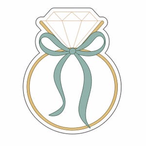 May include: An illustration of a diamond ring with a light blue ribbon bow. The ring features a gold band and a large diamond shape. The design is outlined in black against a white background.