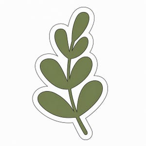 Può includere: Illustrazione stilizzata di una foglia verde con contorno bianco. La foglia ha un gambo e diverse foglie ovali e arrotondate. Il design è semplice e moderno, su sfondo bianco.