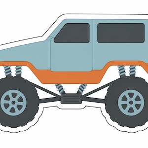 May include: A cartoon illustration of a monster truck. The vehicle is light blue with orange accents and large black tires. The truck has a white outline and is designed to look like a sticker.